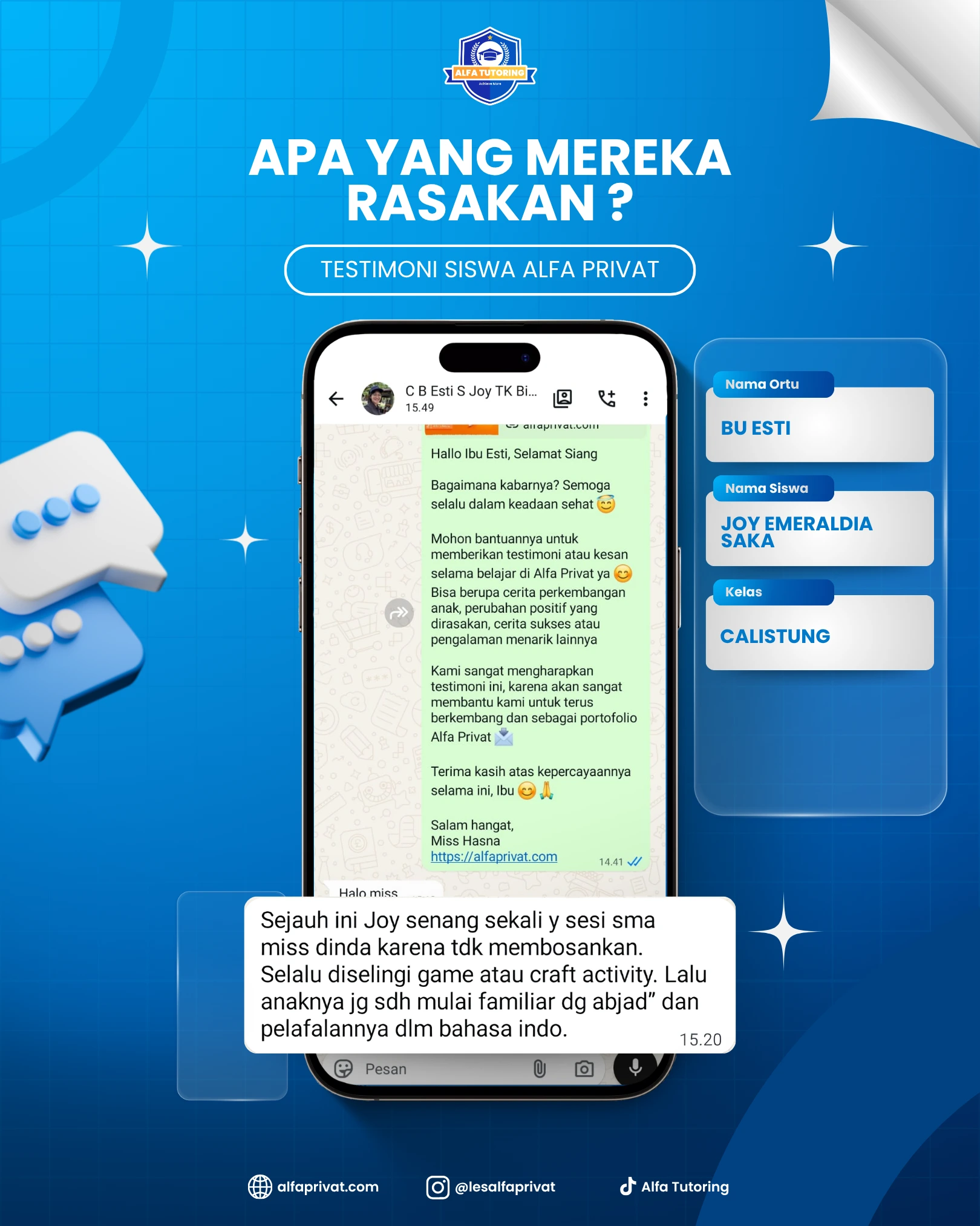 Testimoni orang tua siswa Alfa Privat