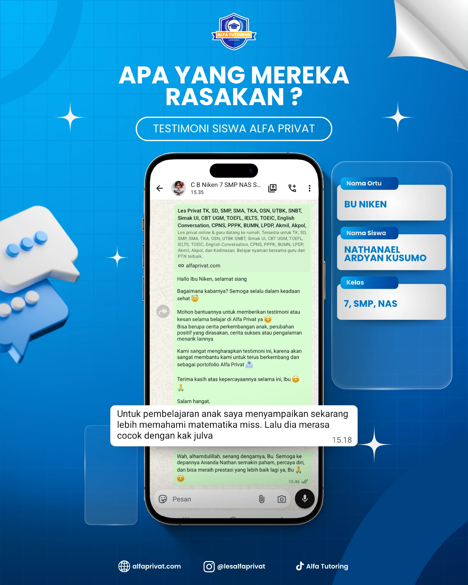 Testimoni orang tua siswa Alfa Privat