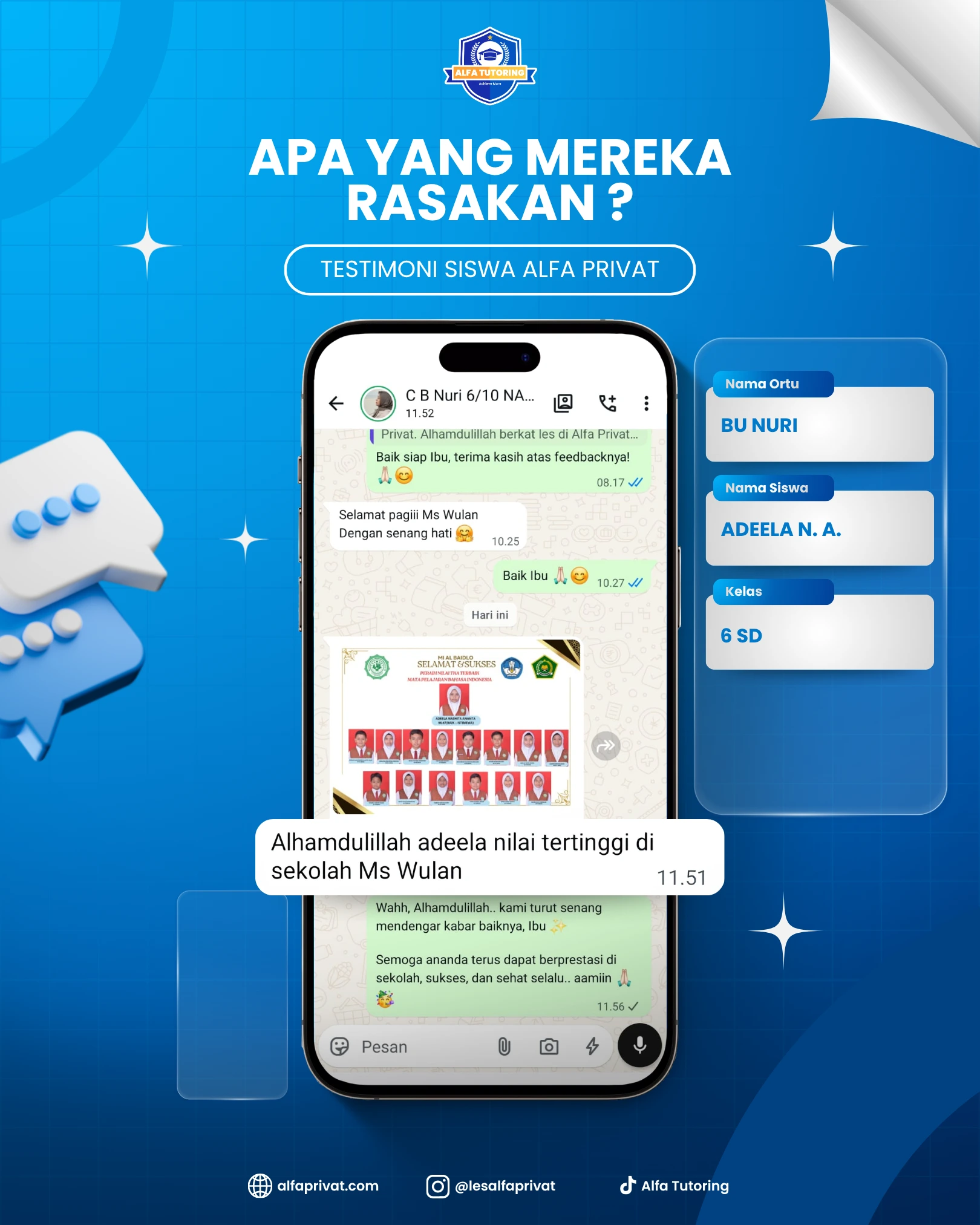 Testimoni orang tua siswa Alfa Privat