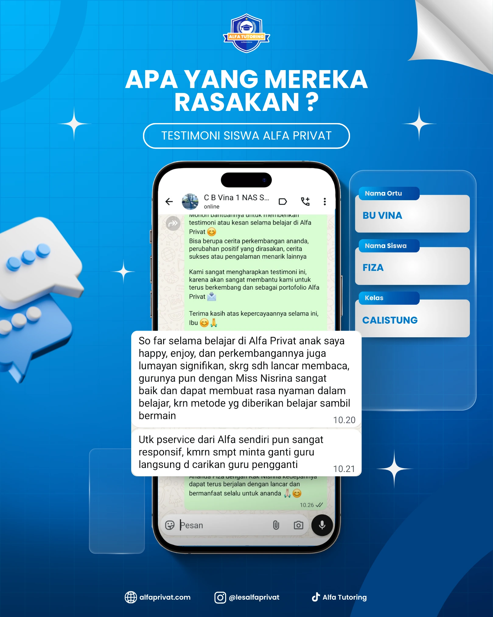 Testimoni orang tua siswa Alfa Privat