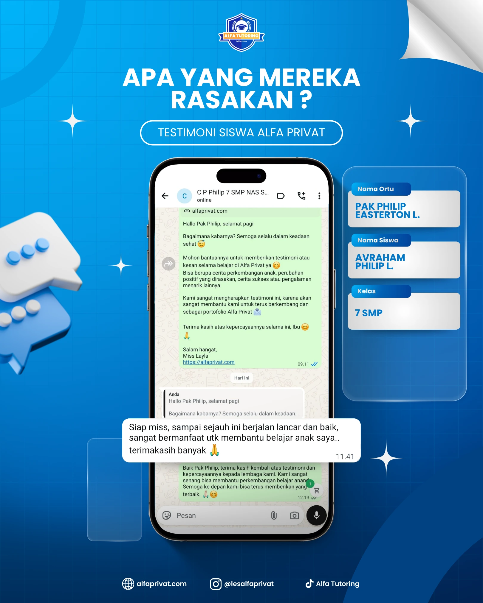Testimoni orang tua siswa Alfa Privat